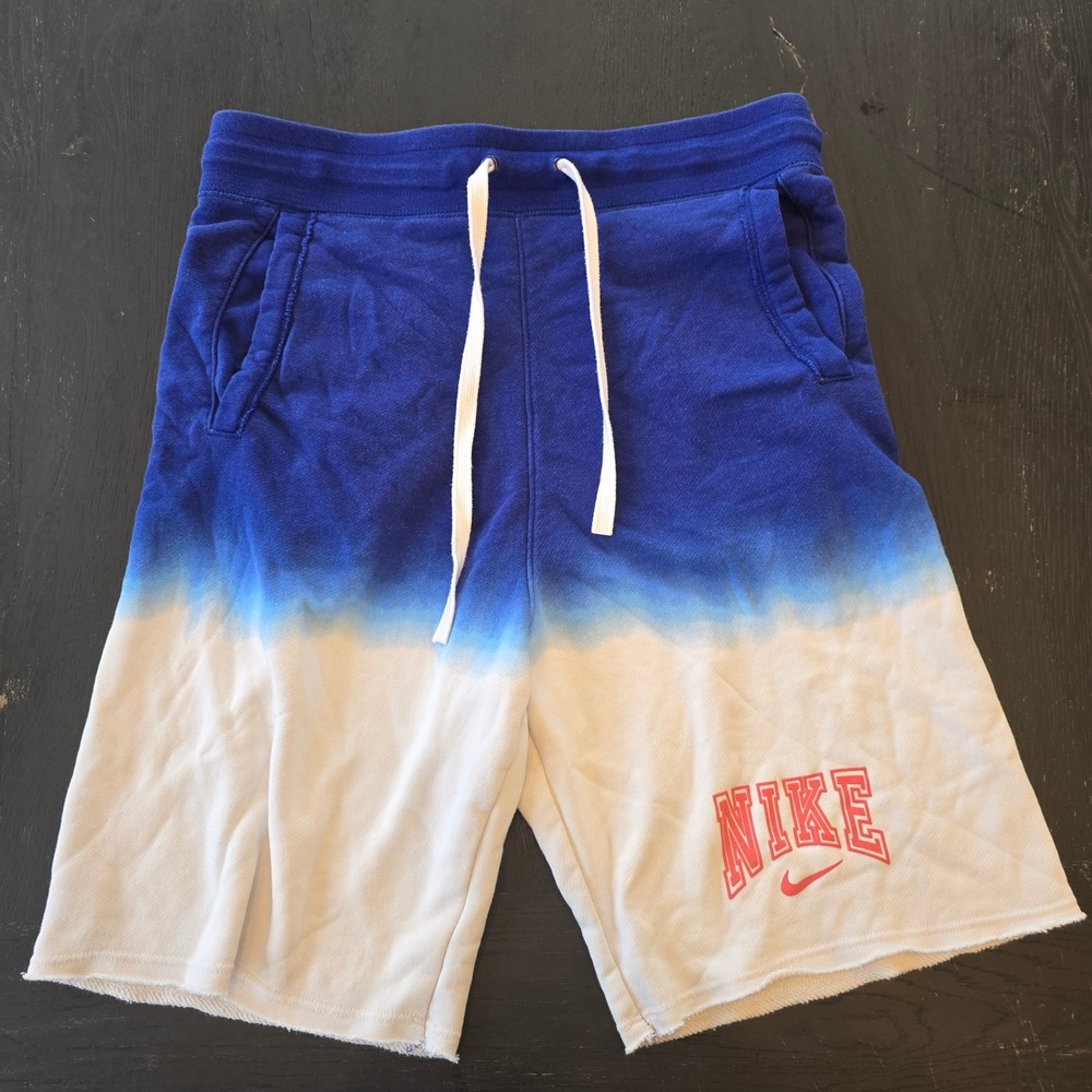 Nike Mens‎ Shorts Small Blue White Ombre Dip Dye French Terry Raw Hem Athletic